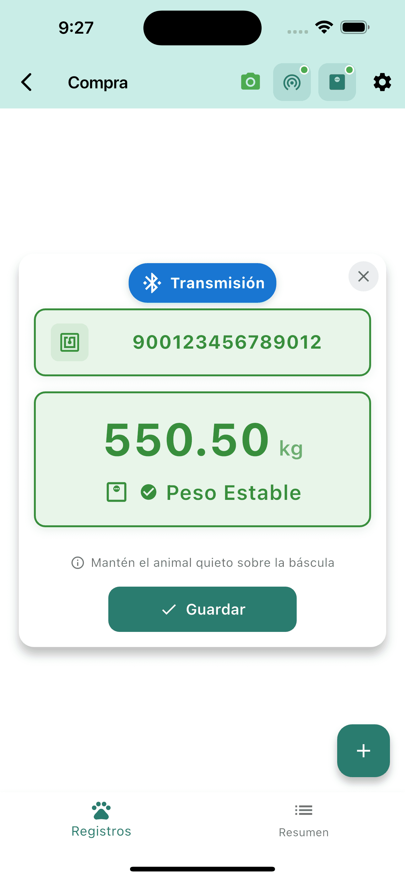 App Identigan — conexión bluetooth con lector RFID y báscula mostrando peso de 550 kg