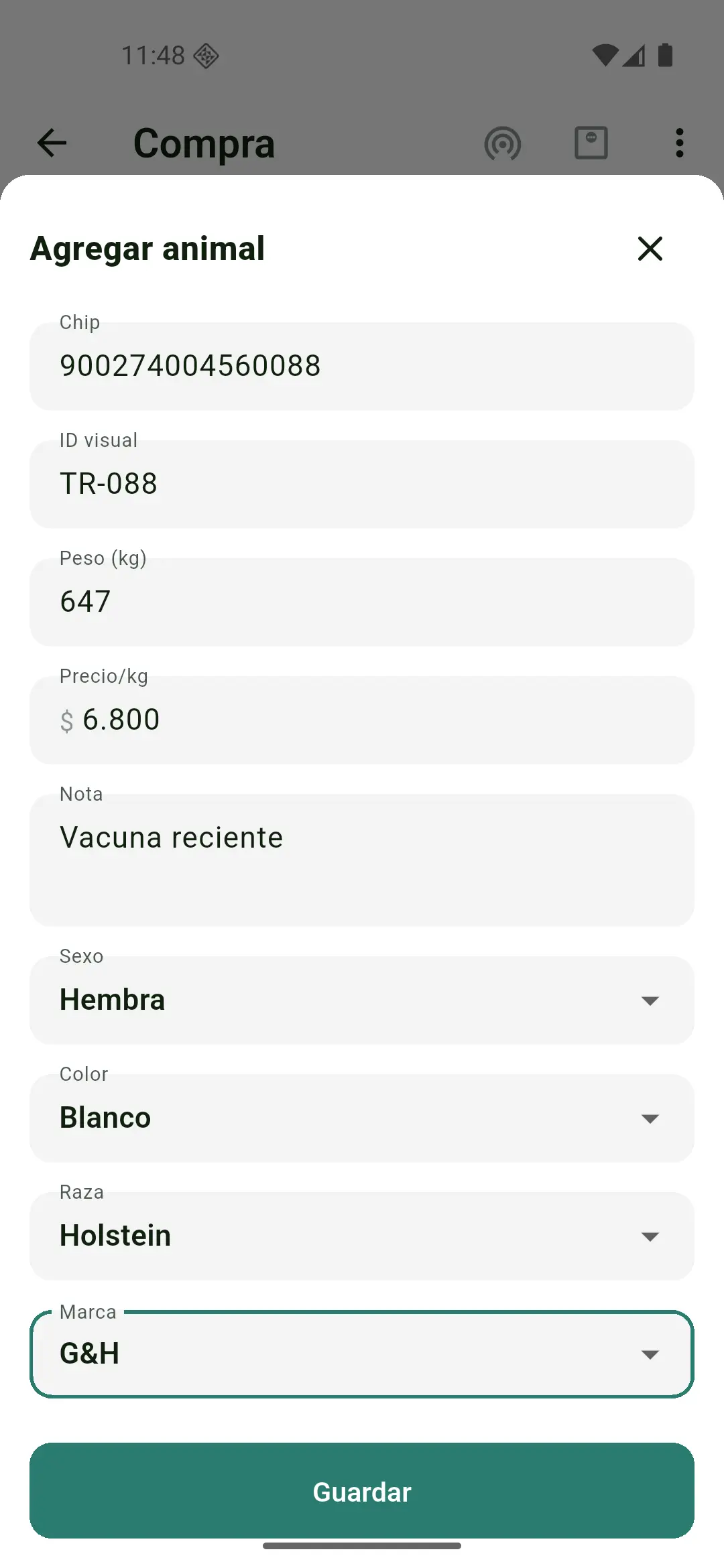 Ficha de un animal comprado con peso y precio por kilo