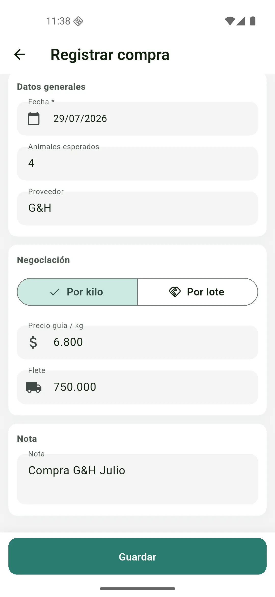 Cabecera de compra: datos generales y selector por kilo / por lote