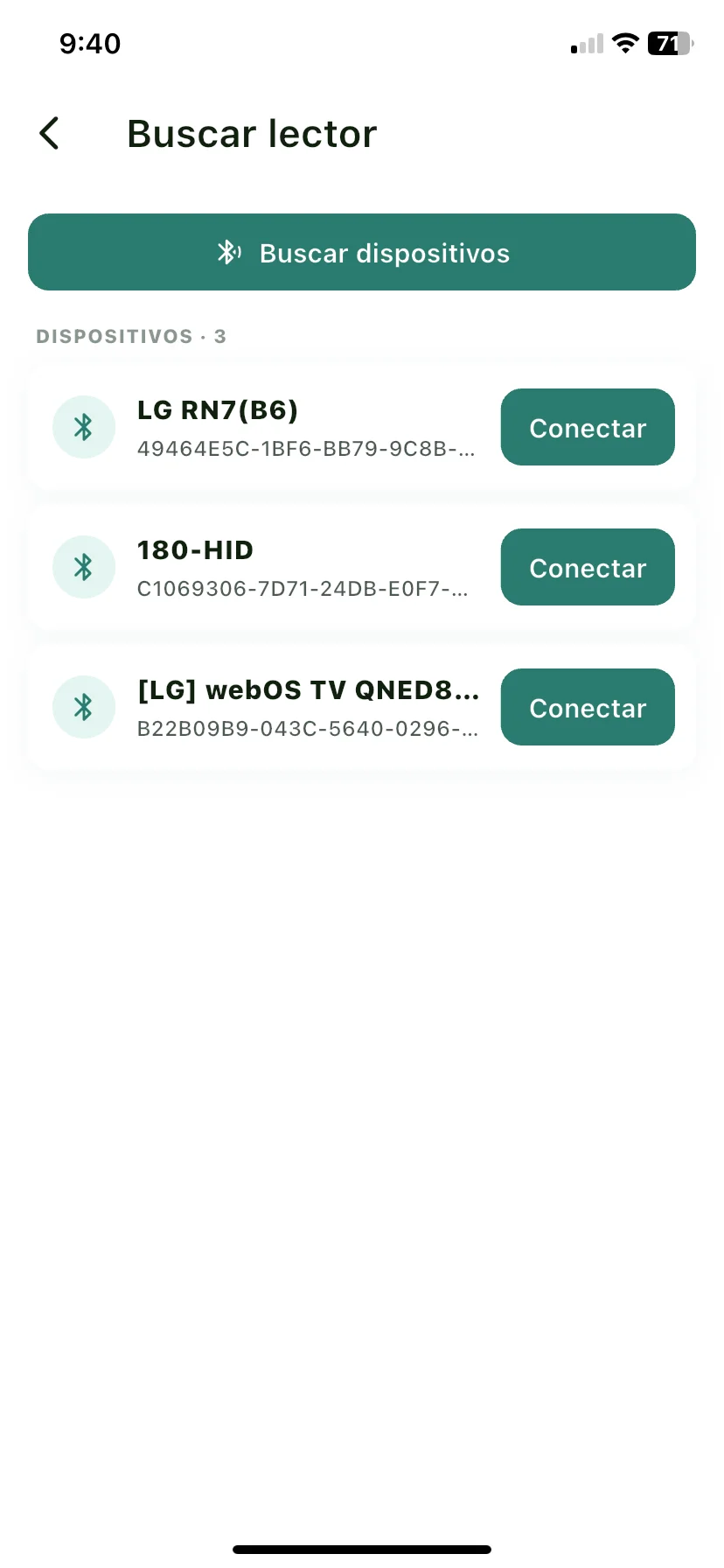 Pantalla Buscar lector con la lista de dispositivos encontrados