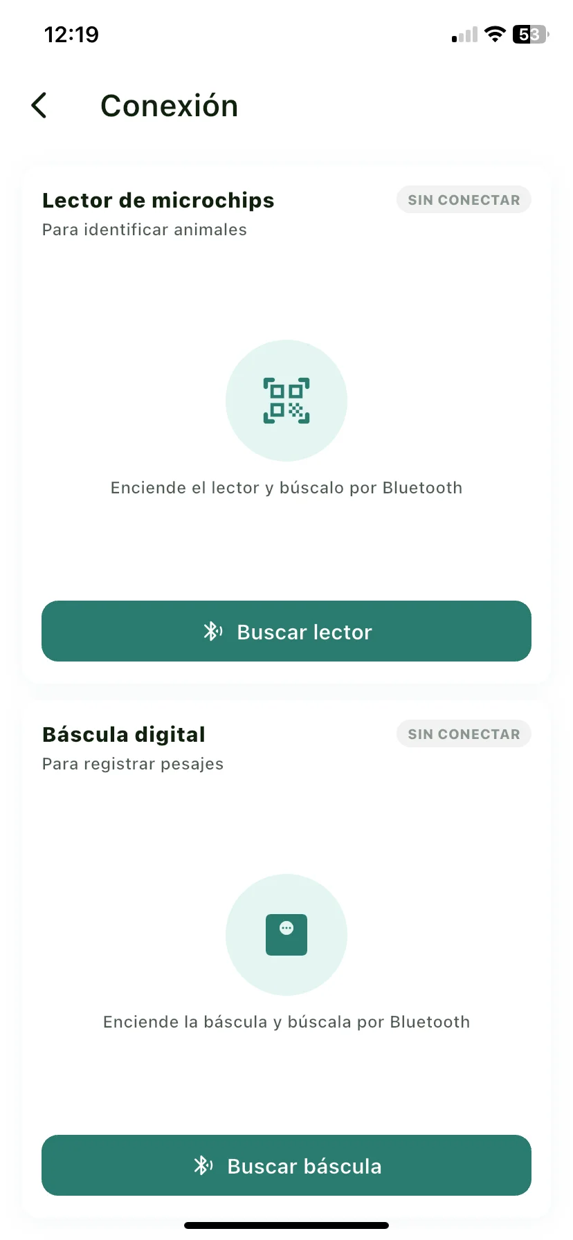 Pantalla de dispositivos con las tarjetas Lector de microchips y Báscula digital