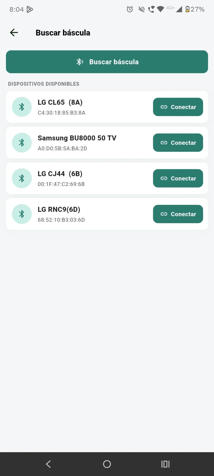 Pantalla Buscar báscula con el botón Buscar dispositivos y la lista de dispositivos encontrados
