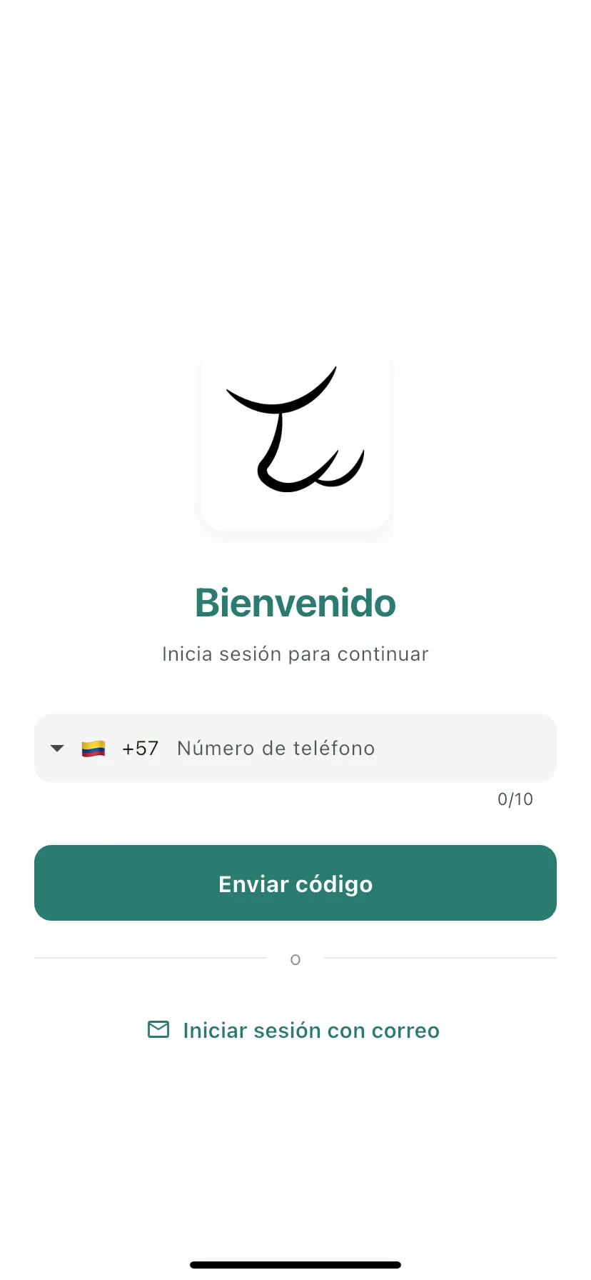 Pantalla Bienvenido con el campo Número de teléfono y el botón Enviar código