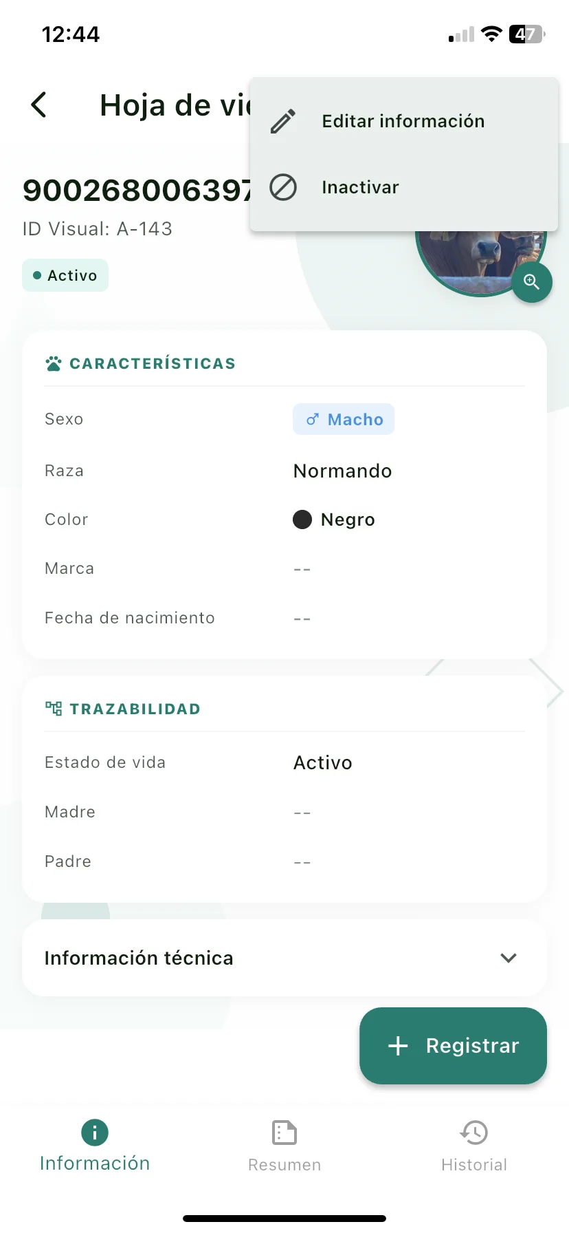 Menú de tres puntos de la hoja de vida con la opción Inactivar