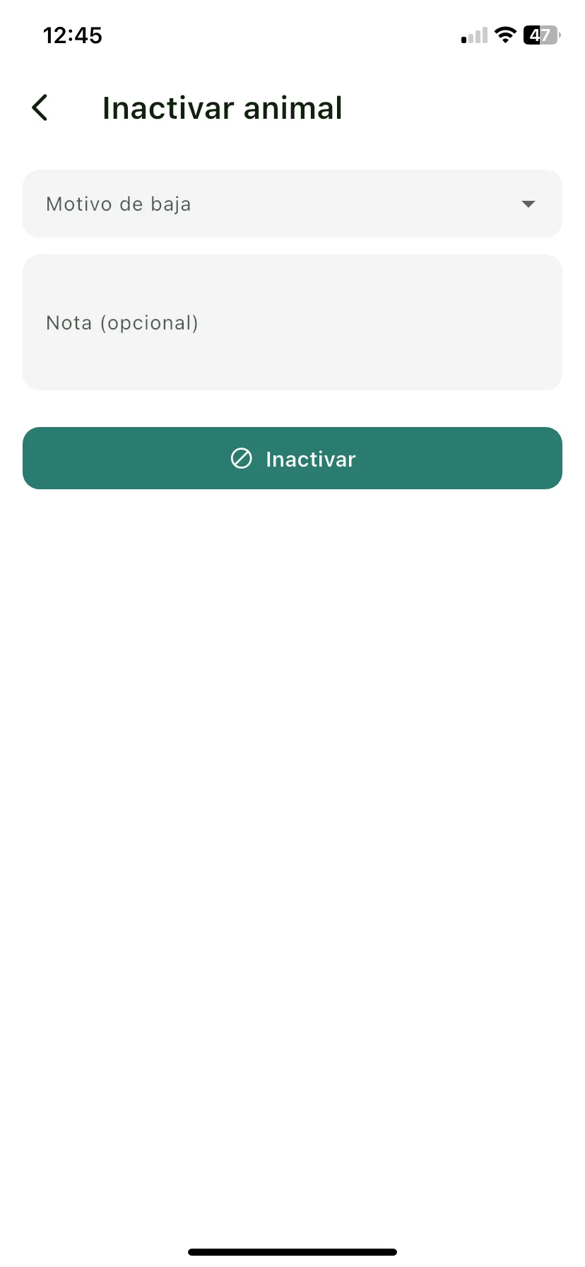 Pantalla Inactivar animal con el desplegable Motivo de baja y la nota opcional