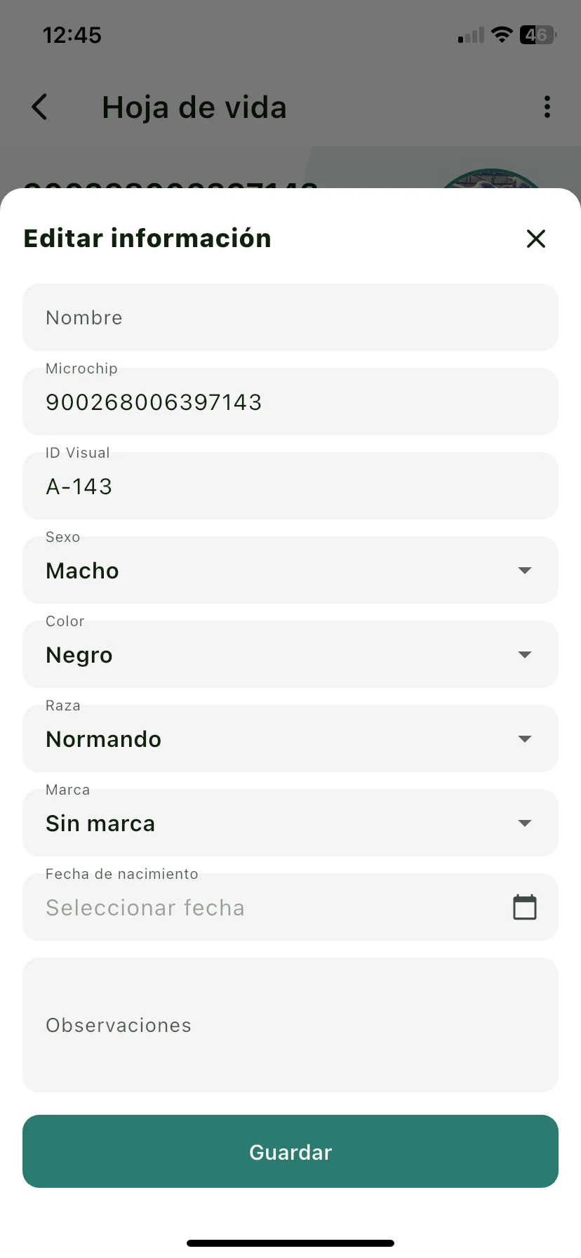 Hoja Editar información con los campos del animal