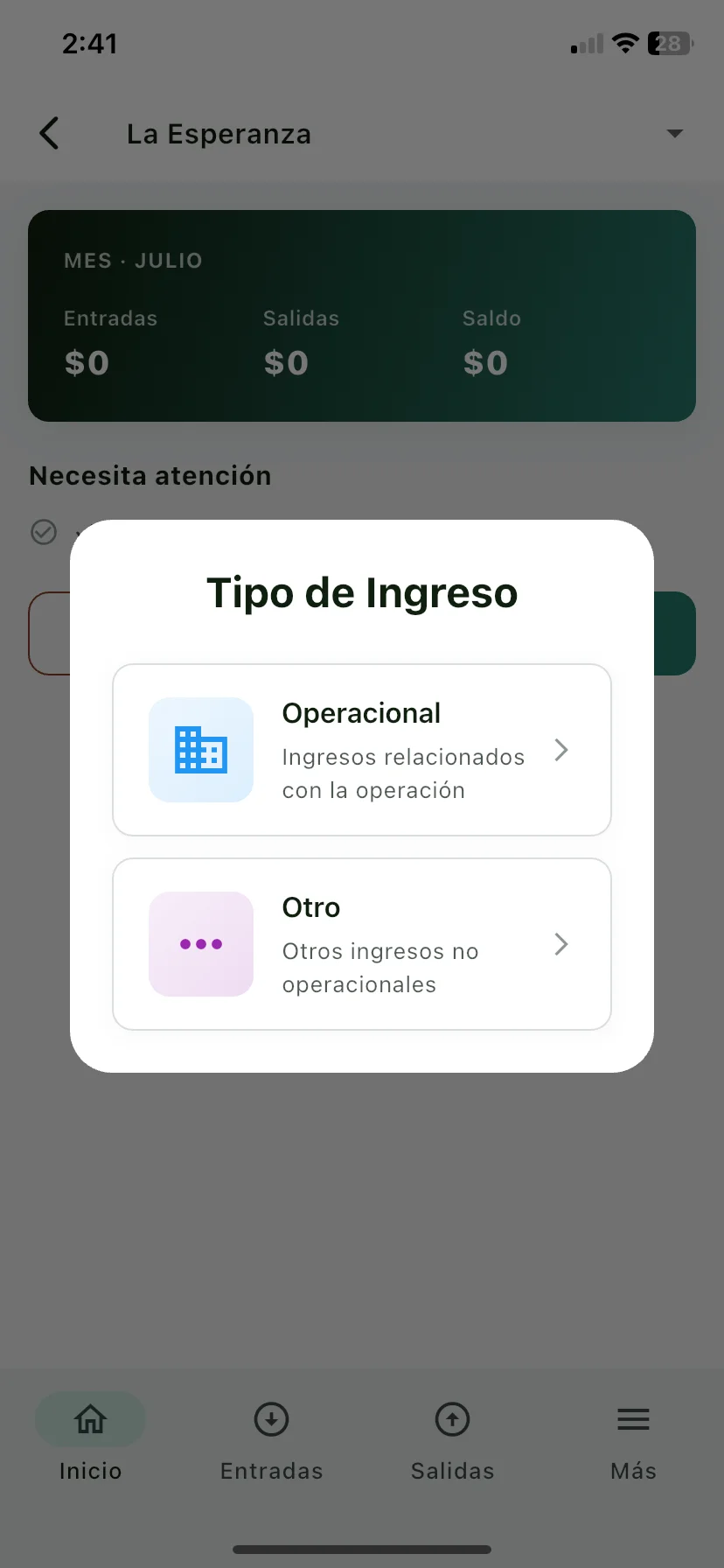 Diálogo Tipo de Ingreso con las opciones Operacional y Otro