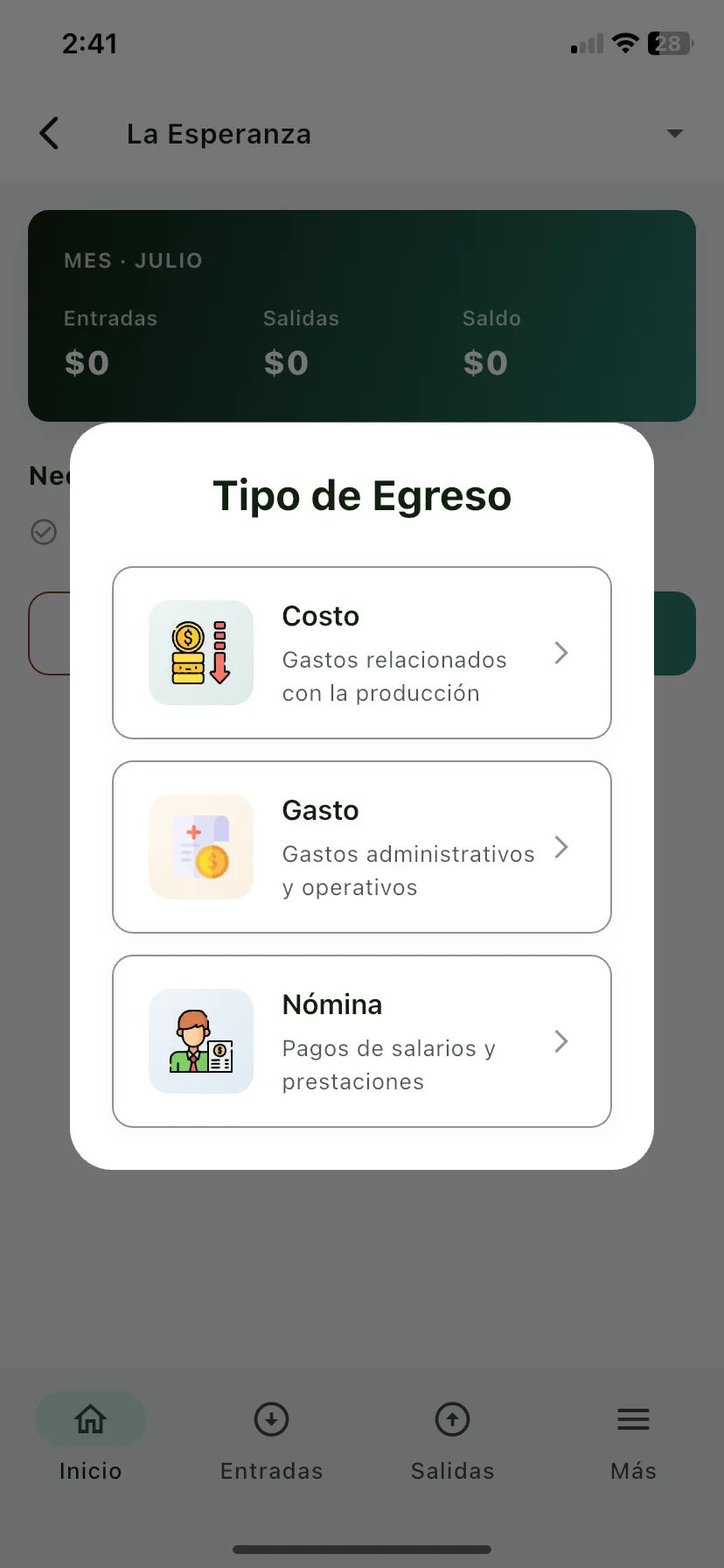 Diálogo Tipo de Egreso con las opciones Costo, Gasto y Nómina