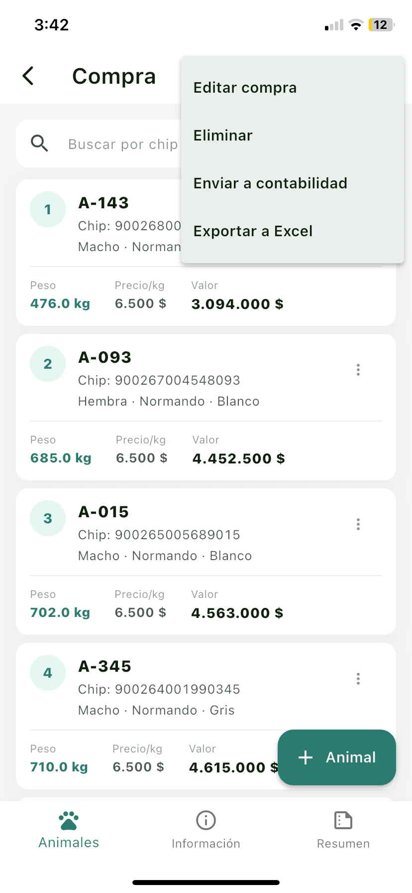 Detalle de una compra con el menú de tres puntos abierto y la opción Enviar a contabilidad