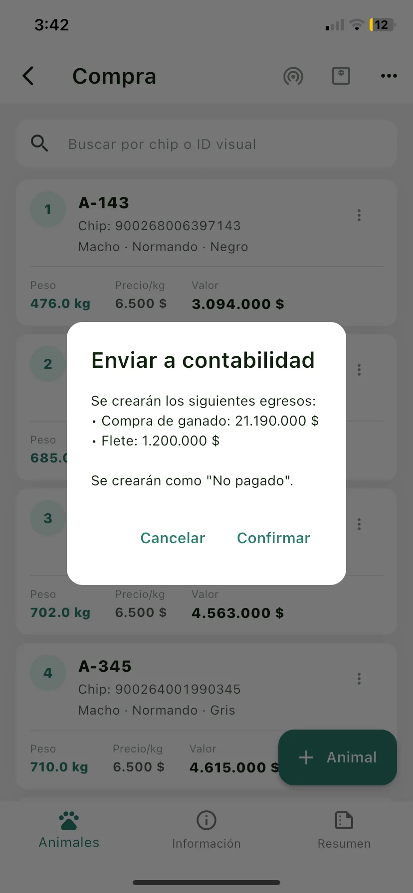 Aviso de confirmación que lista el egreso de compra de ganado y el flete