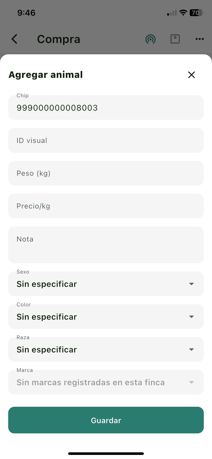 Hoja Agregar animal abierta con el animal ya seleccionado tras escanear su chip