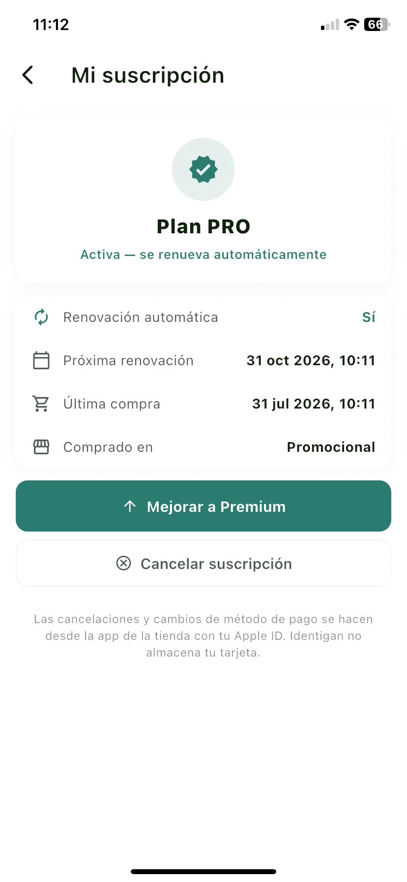 Pantalla Mi suscripción con el plan, la renovación y las fechas