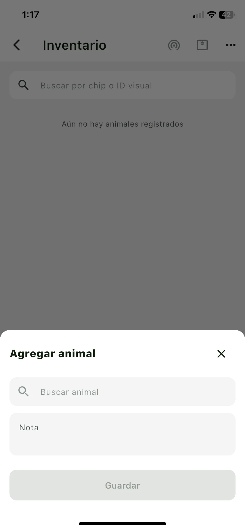 Hoja Agregar animal de un inventario, con el buscador de animales