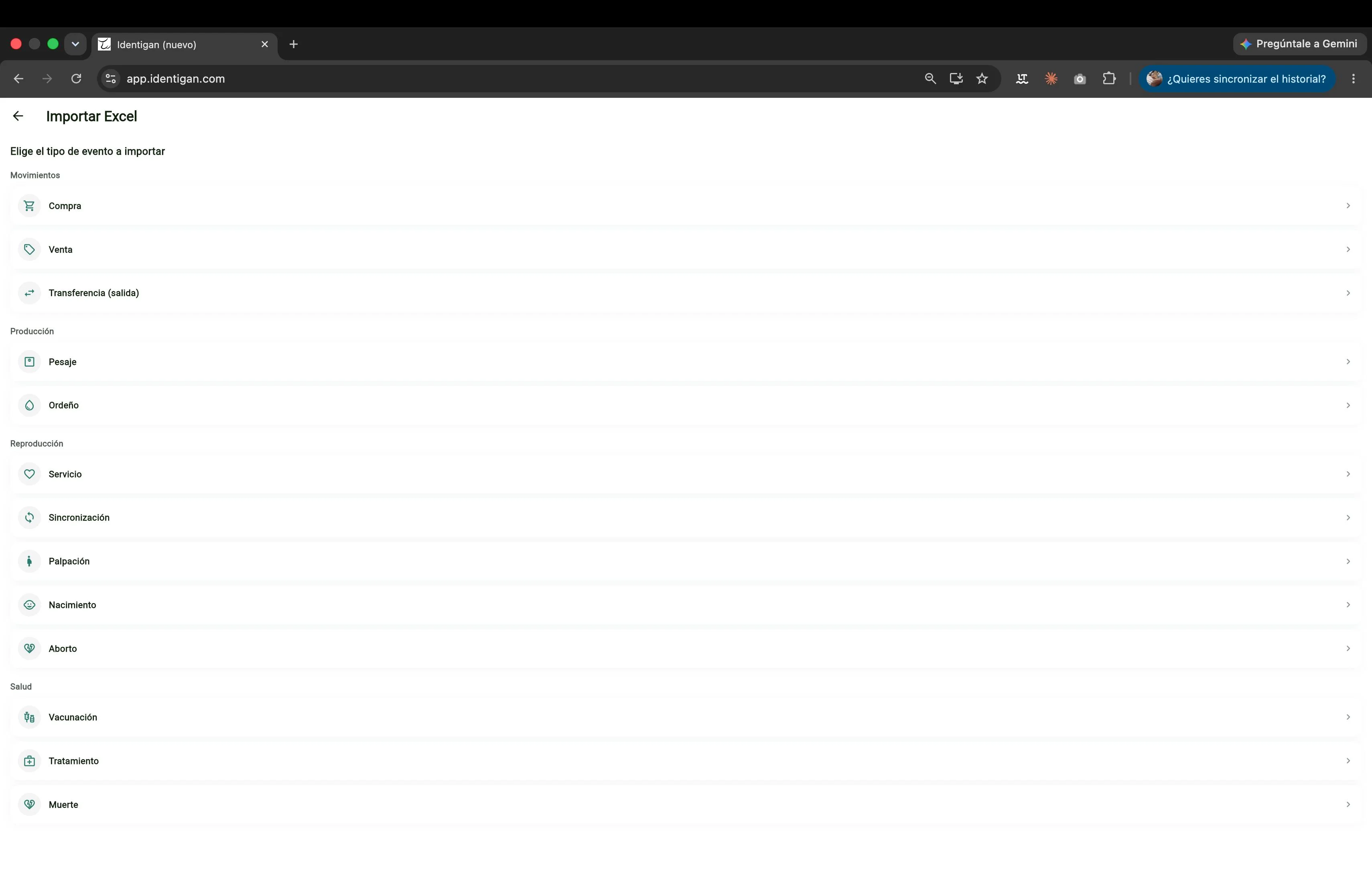 Pantalla Elige el tipo de evento a importar con los eventos agrupados por categoría