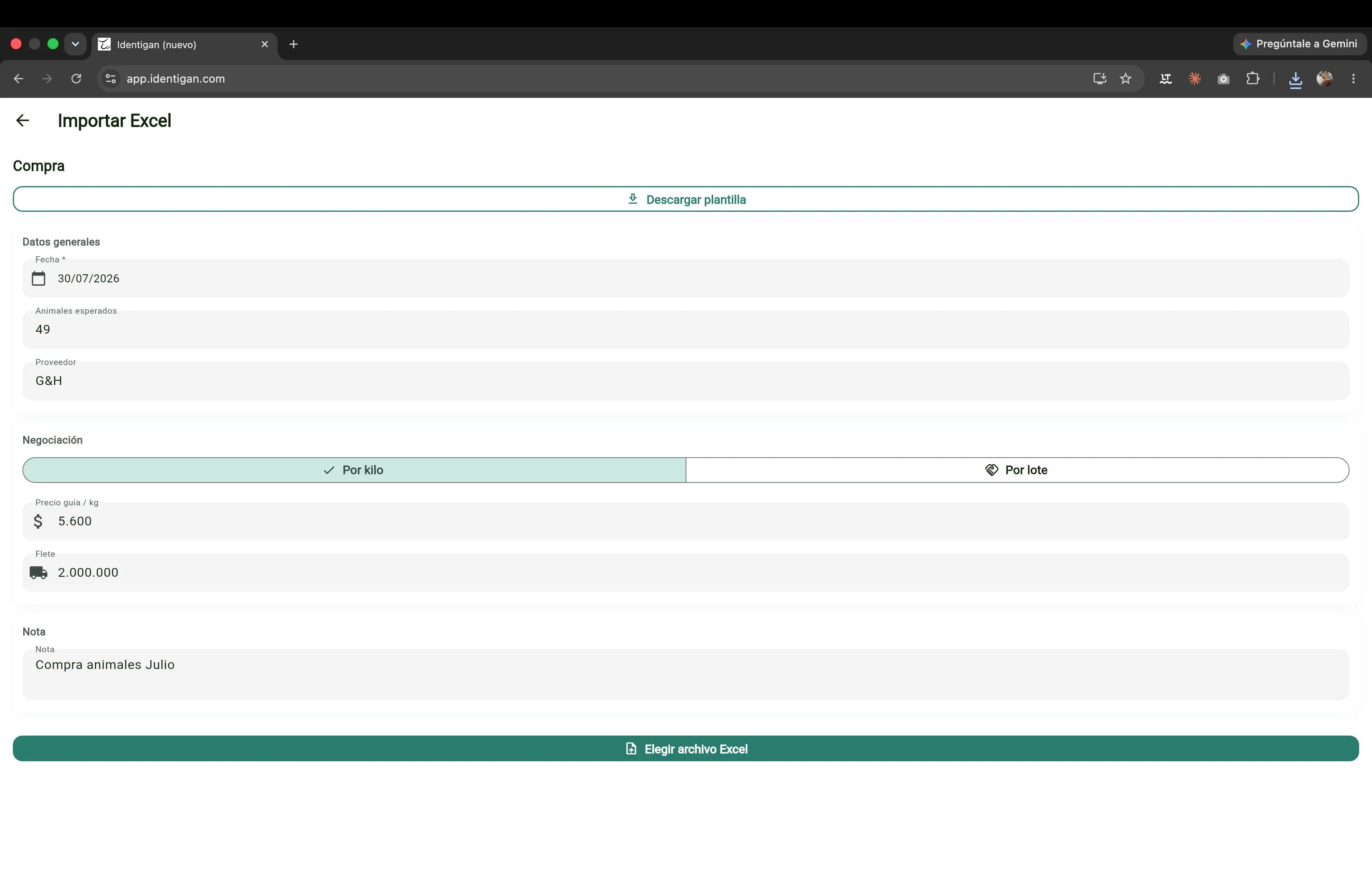 Formulario del evento con Descargar plantilla, los datos generales y el botón Elegir archivo Excel