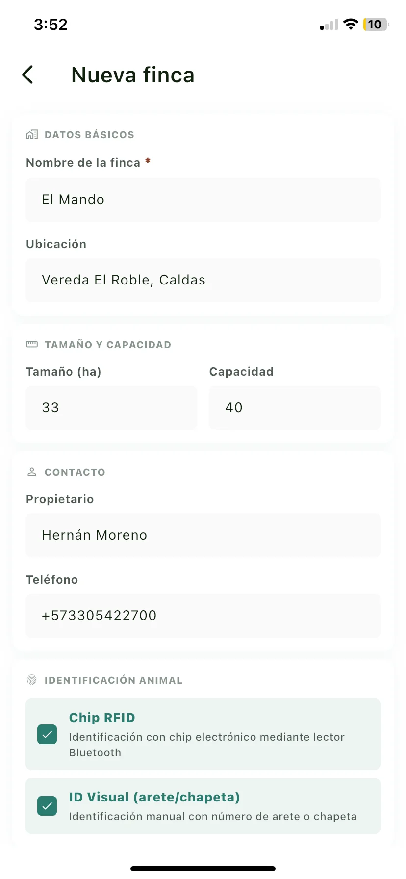 Pantalla Nueva finca con las secciones de datos básicos, tamaño e identificación