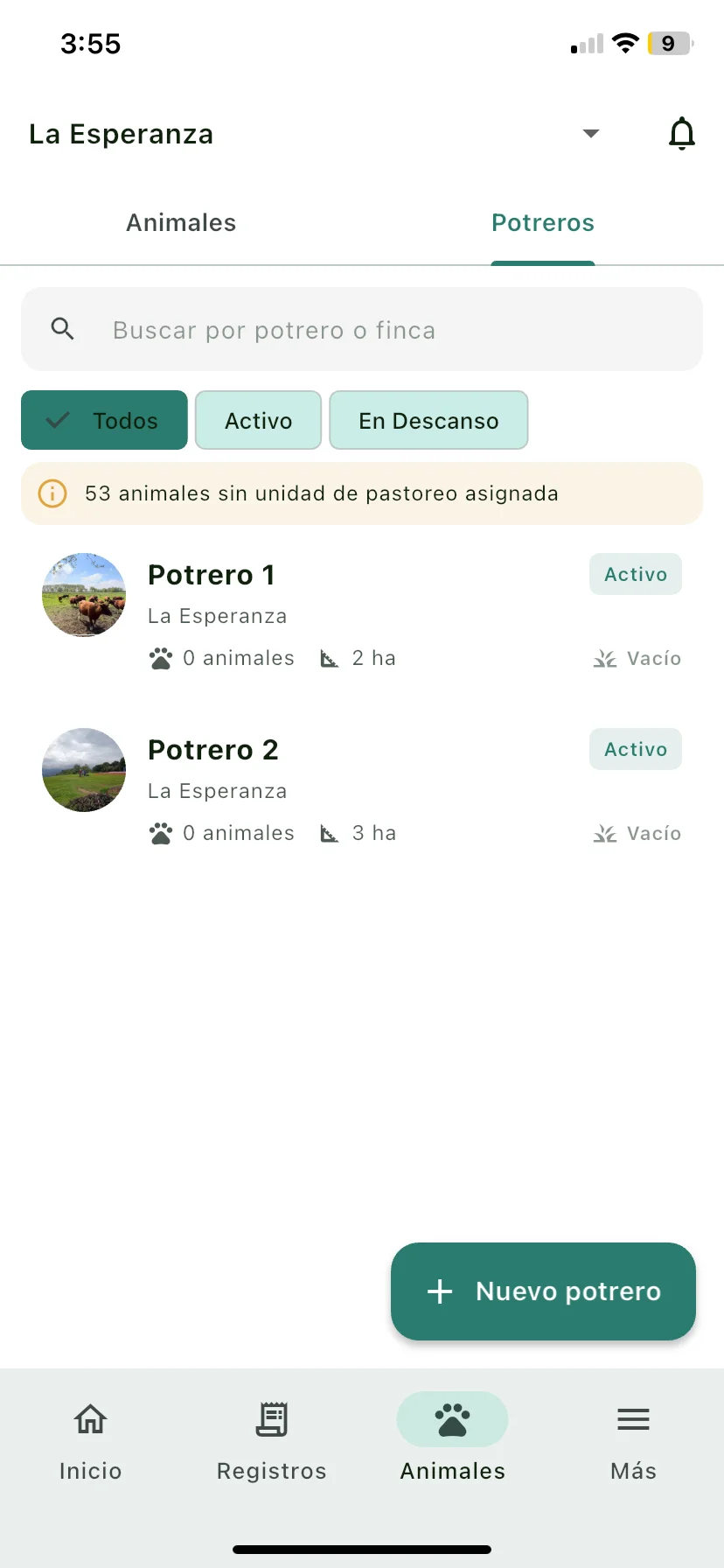 Pantalla de Potreros con el botón Nuevo potrero