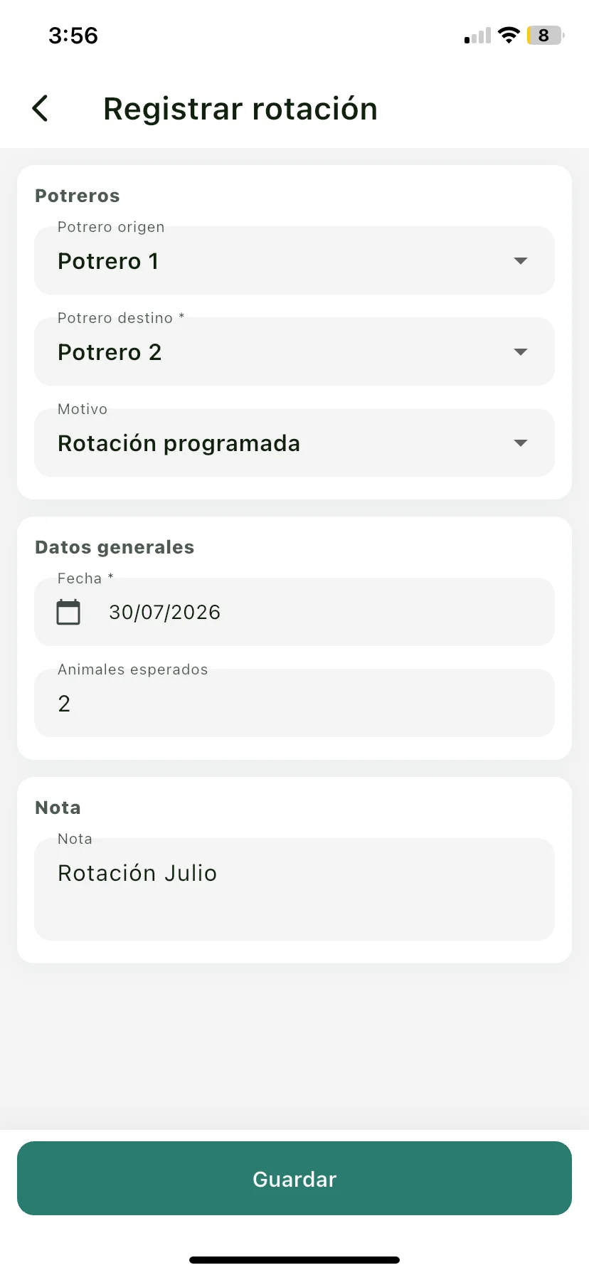 Formulario Registrar rotación con los selectores de potrero