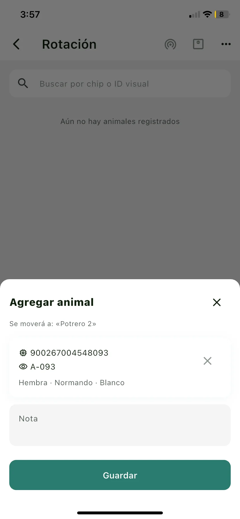 Hoja para agregar el animal a la rotación con la línea Se moverá a