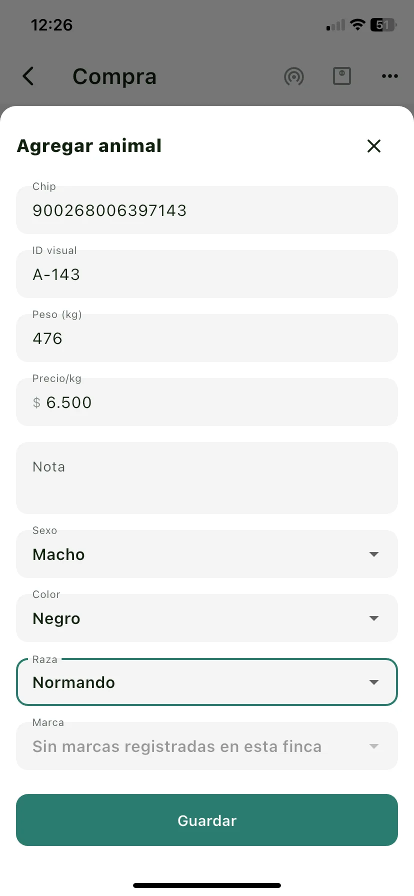 Hoja Agregar animal con la identificación, el peso y la ficha