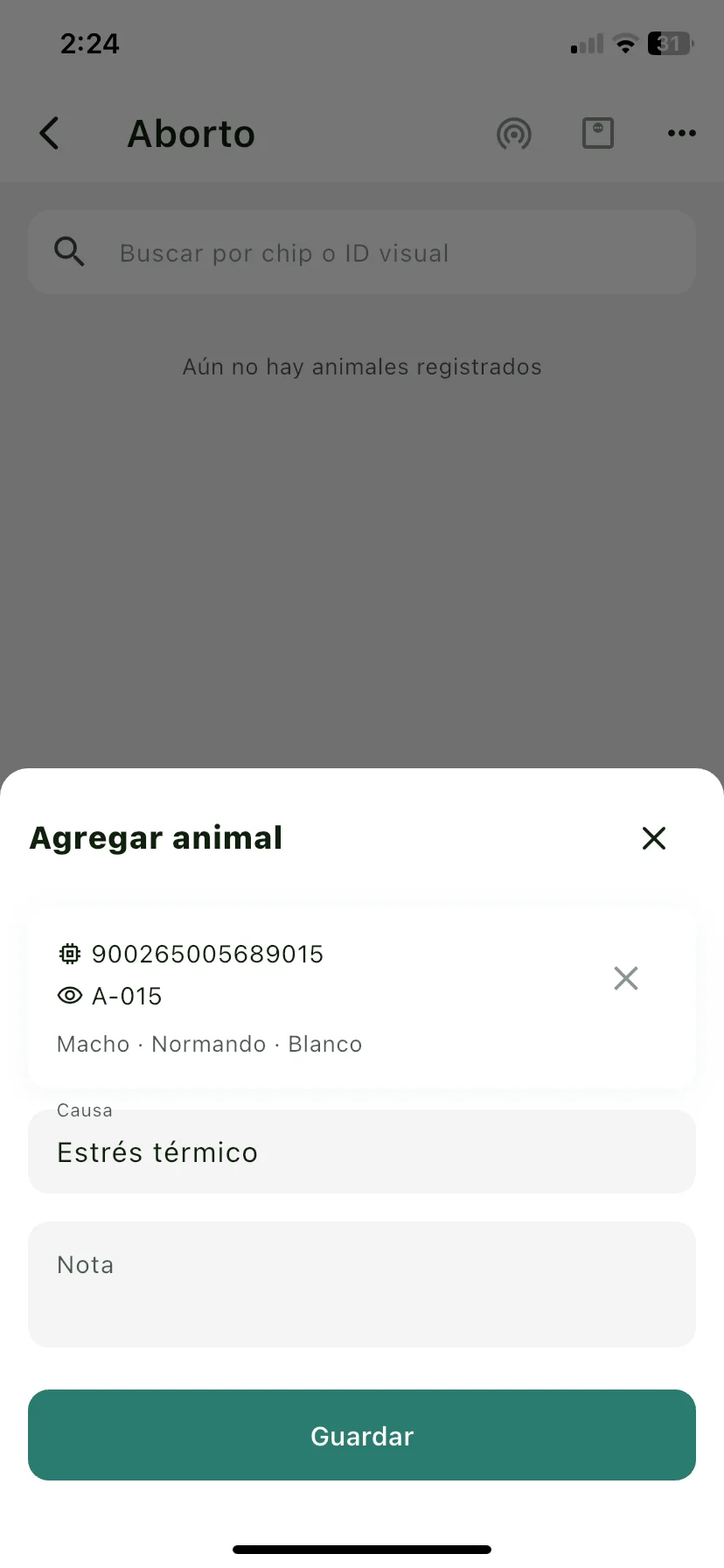 Hoja para agregar el animal que abortó, con el campo Causa