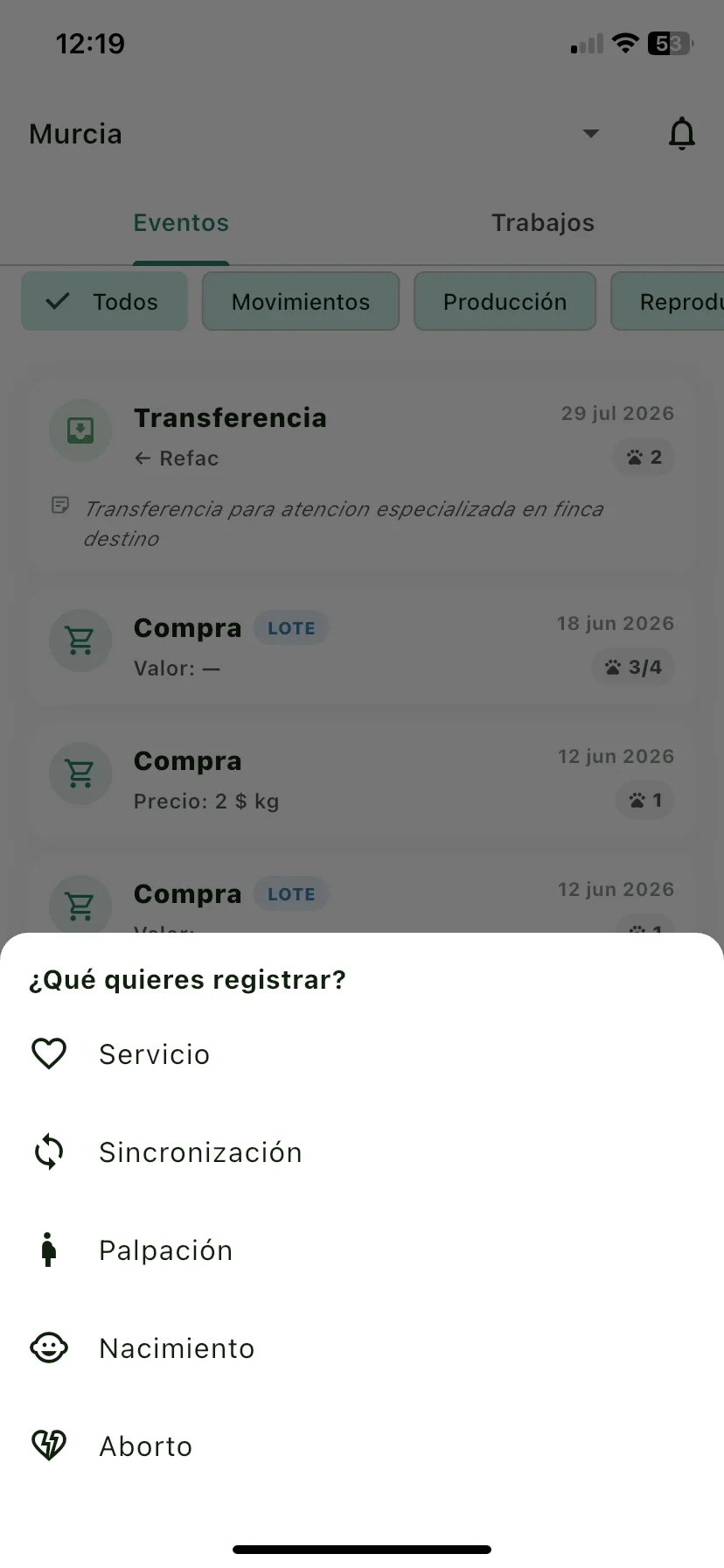 Selector de Reproducción con las opciones de eventos, Nacimiento resaltado