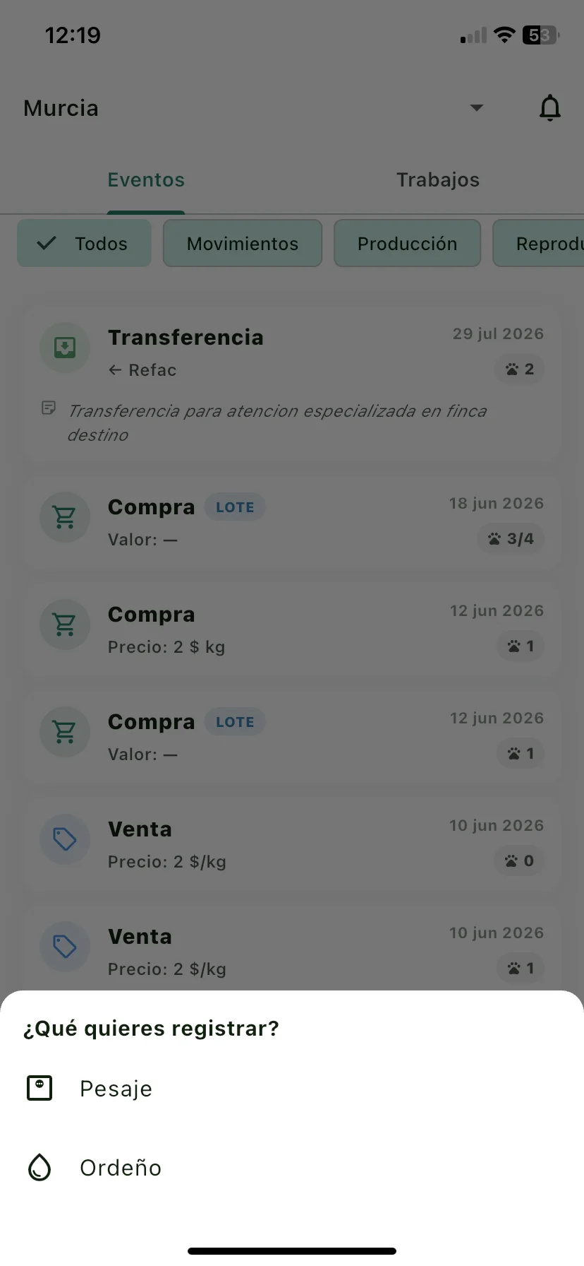 Selector de Producción con las opciones Pesaje y Ordeño