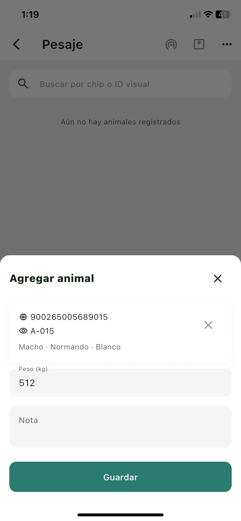 Hoja Agregar animal con el animal seleccionado y el campo Peso (kg)