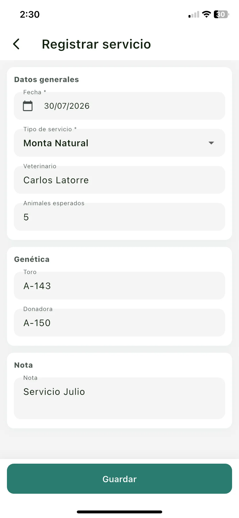 Formulario Registrar servicio con la sección Datos generales y el selector de tipo de servicio