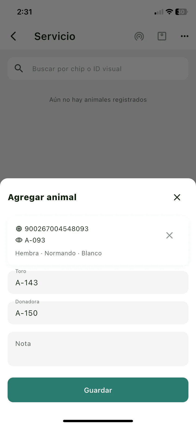 Ficha para agregar la hembra servida, con los campos Toro y Donadora prellenados