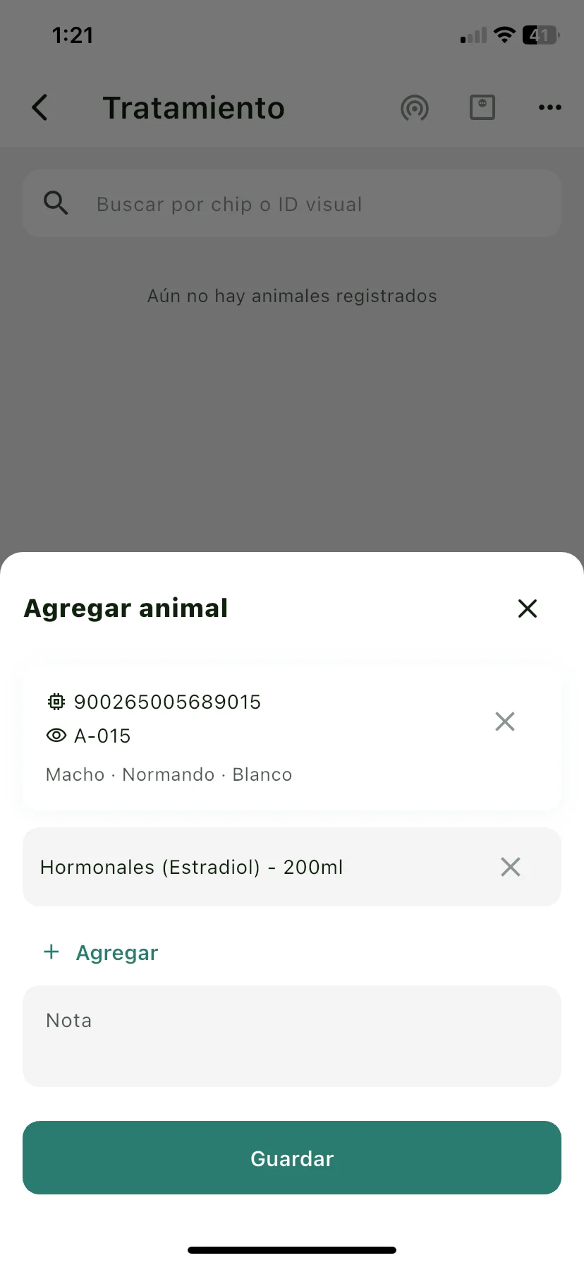 Hoja Agregar animal con el selector de animal y la lista de tratamientos precargados