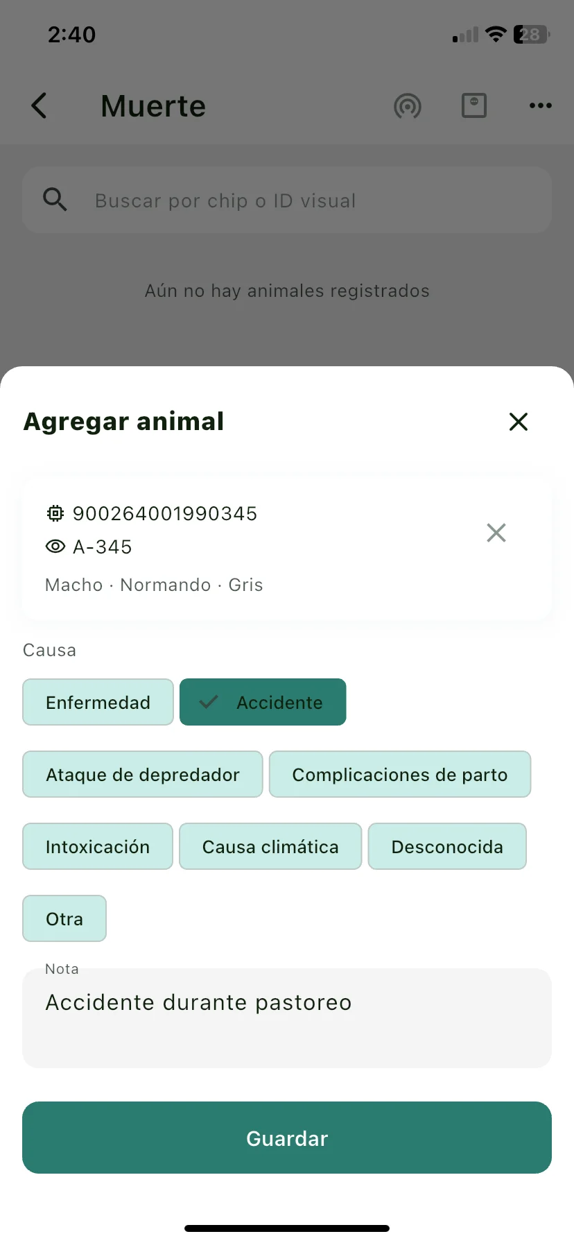 Hoja 'Agregar animal' con el animal elegido y los chips de causa de muerte