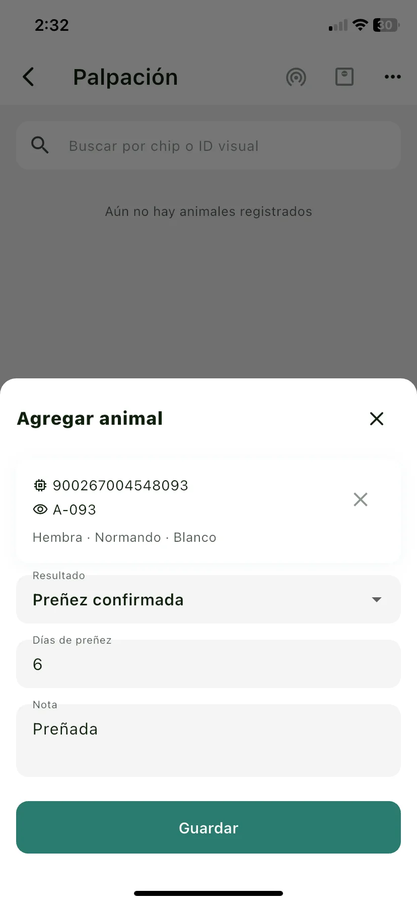 Hoja para agregar un animal con el campo Resultado desplegado
