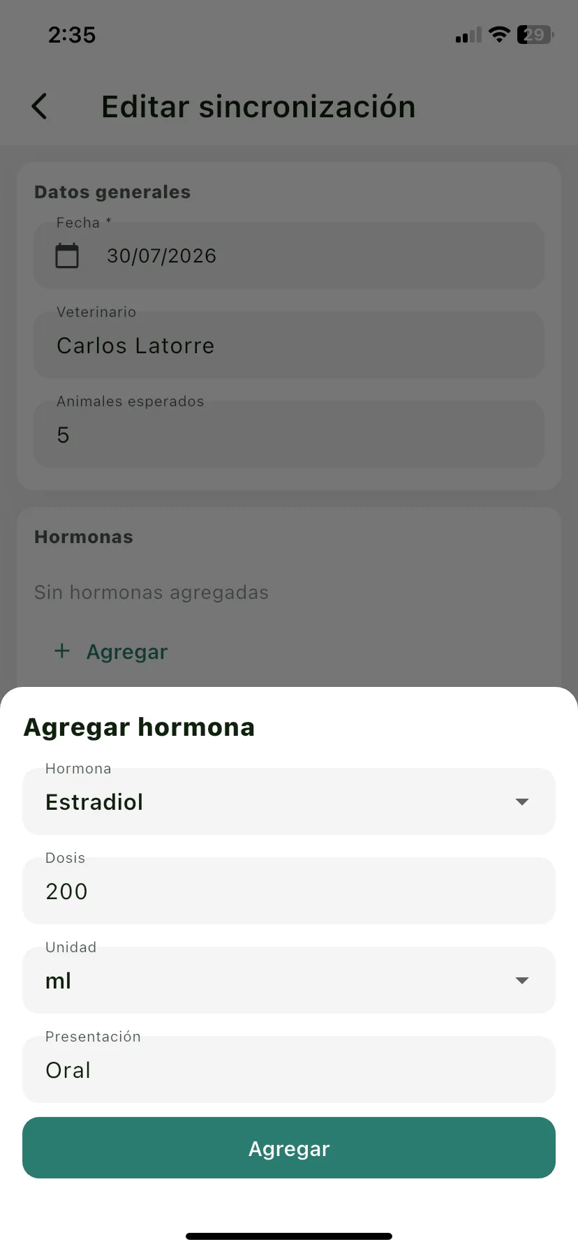 Hoja Agregar hormona con los campos Hormona, Dosis, Unidad y Presentación