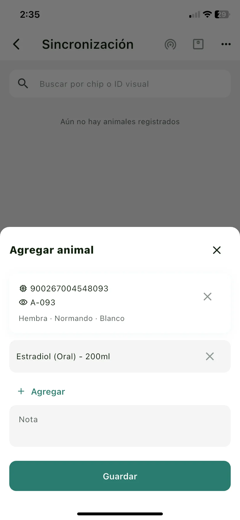 Ficha para agregar la hembra, con el buscador de animal y las hormonas del protocolo prellenadas