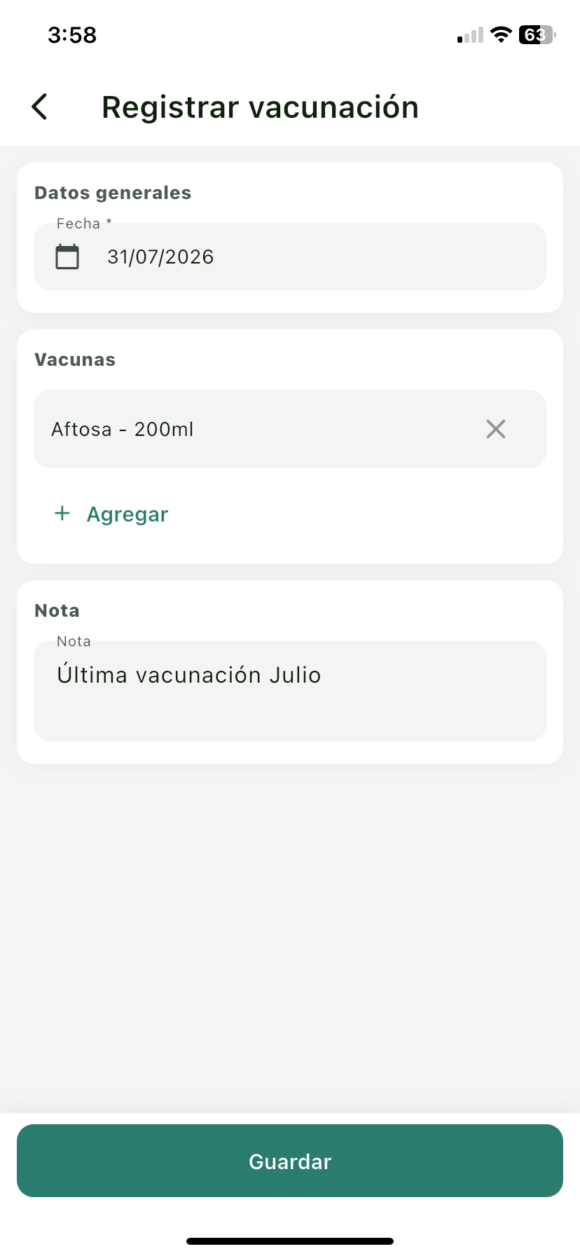Formulario Registrar vacunación con la sección Vacunas y una vacuna agregada