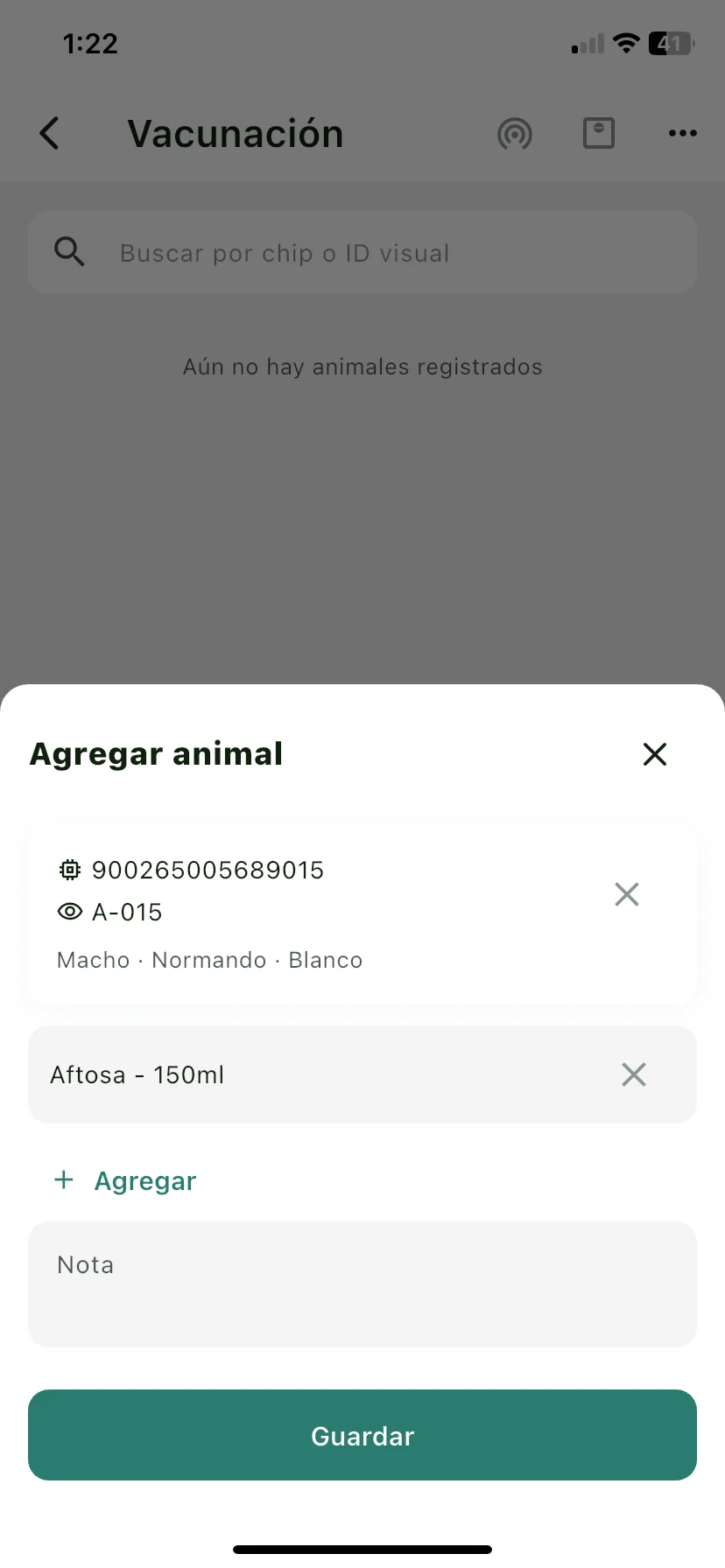 Hoja Agregar animal con el animal seleccionado y la lista de vacunas