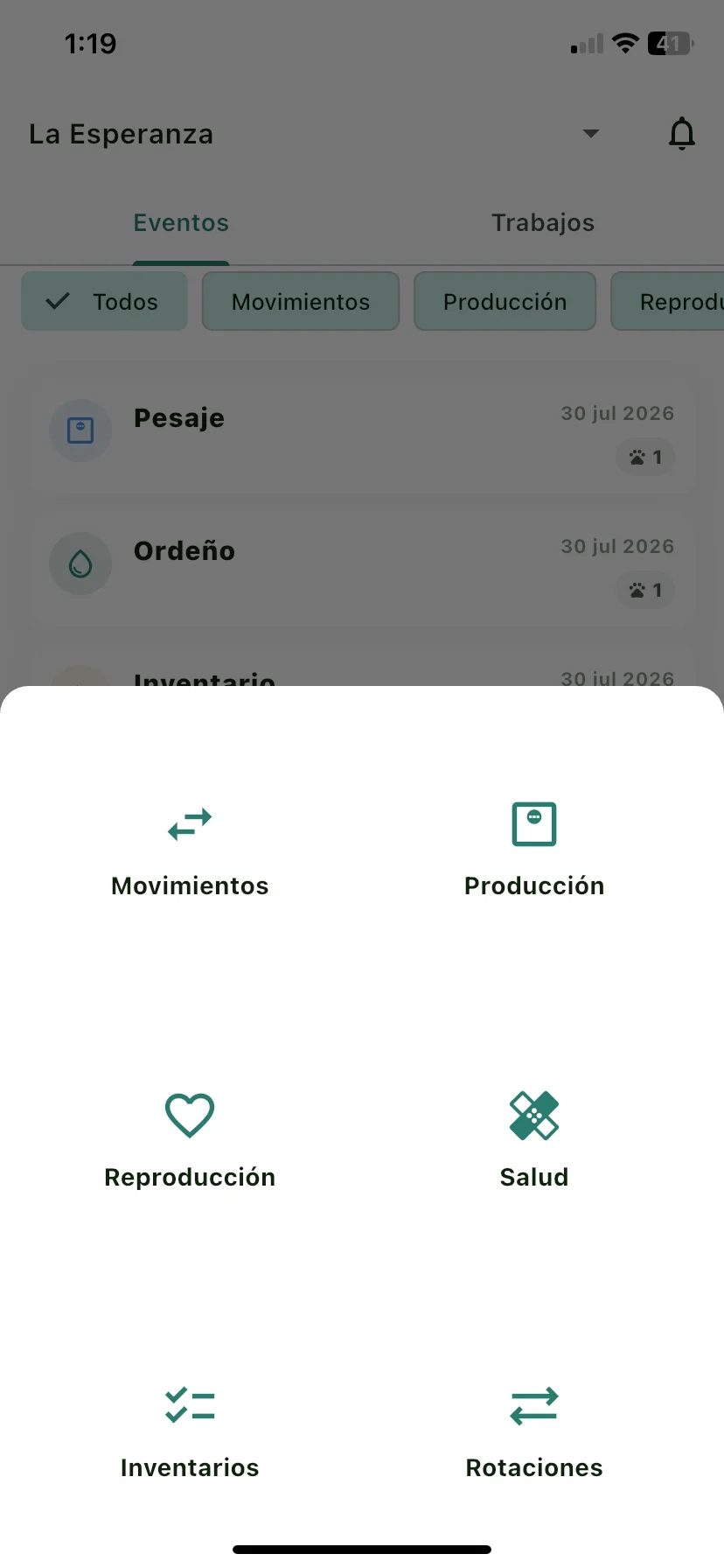 Sub-pestaña Eventos de Registros con la lista de eventos y los filtros por tipo