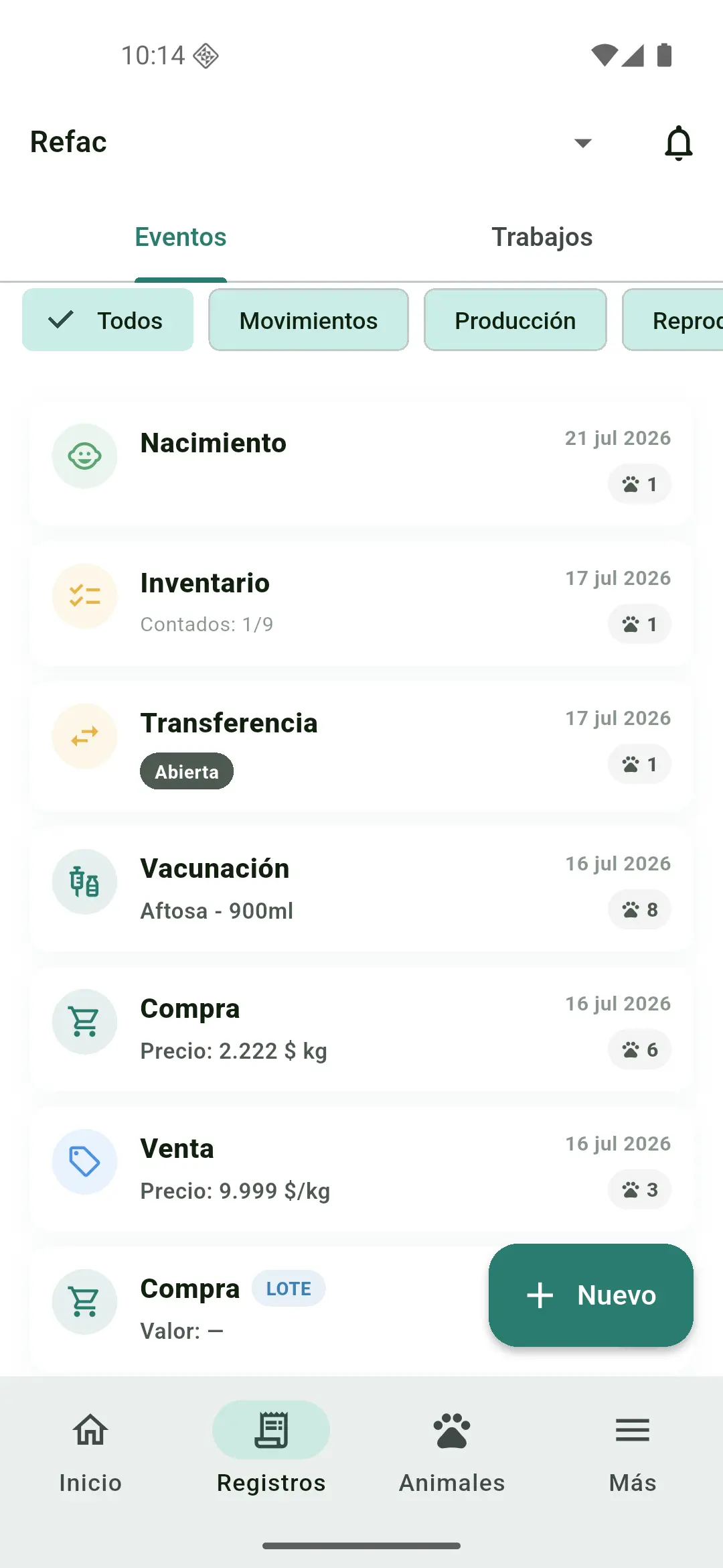 Pestaña Registros con el botón + Nuevo