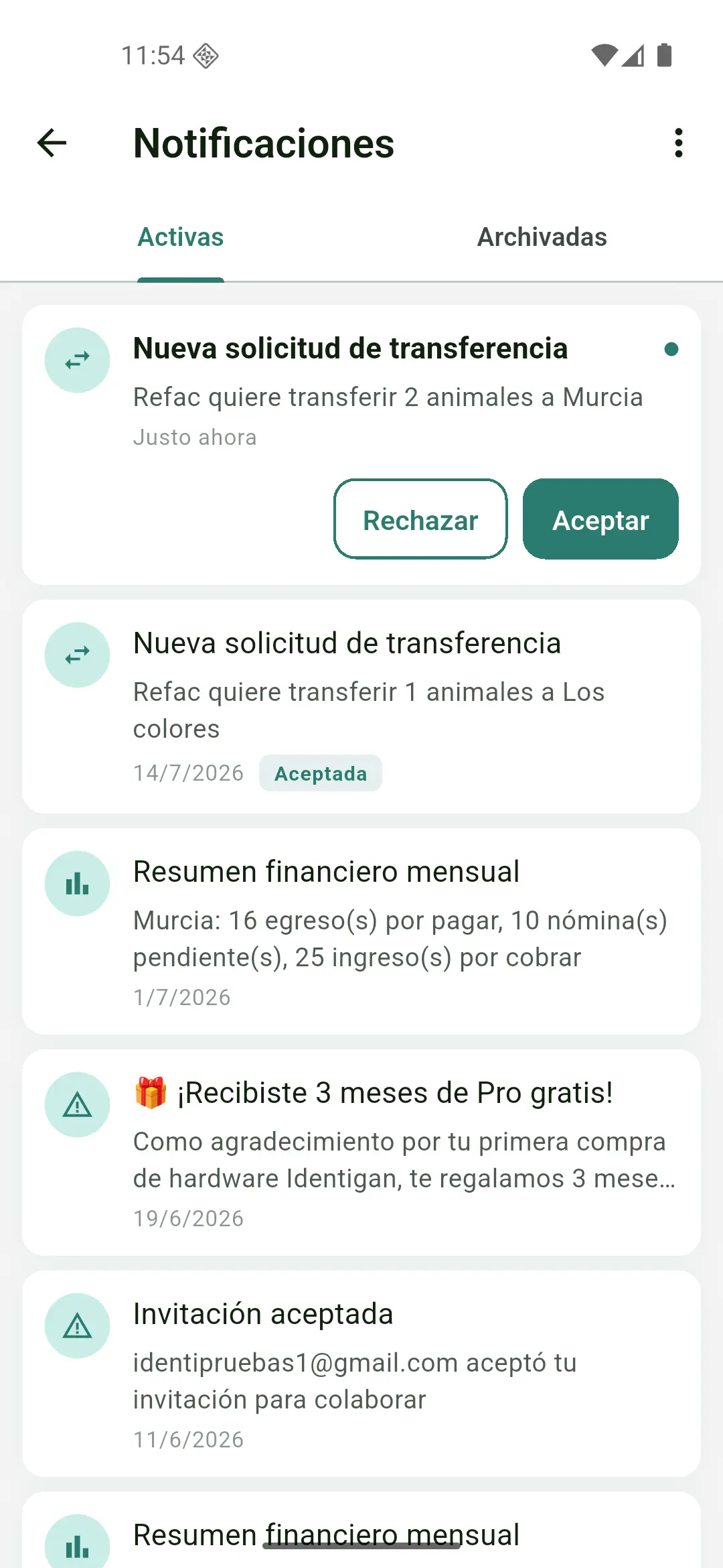 Solicitud de transferencia entrante con el botón de aceptar