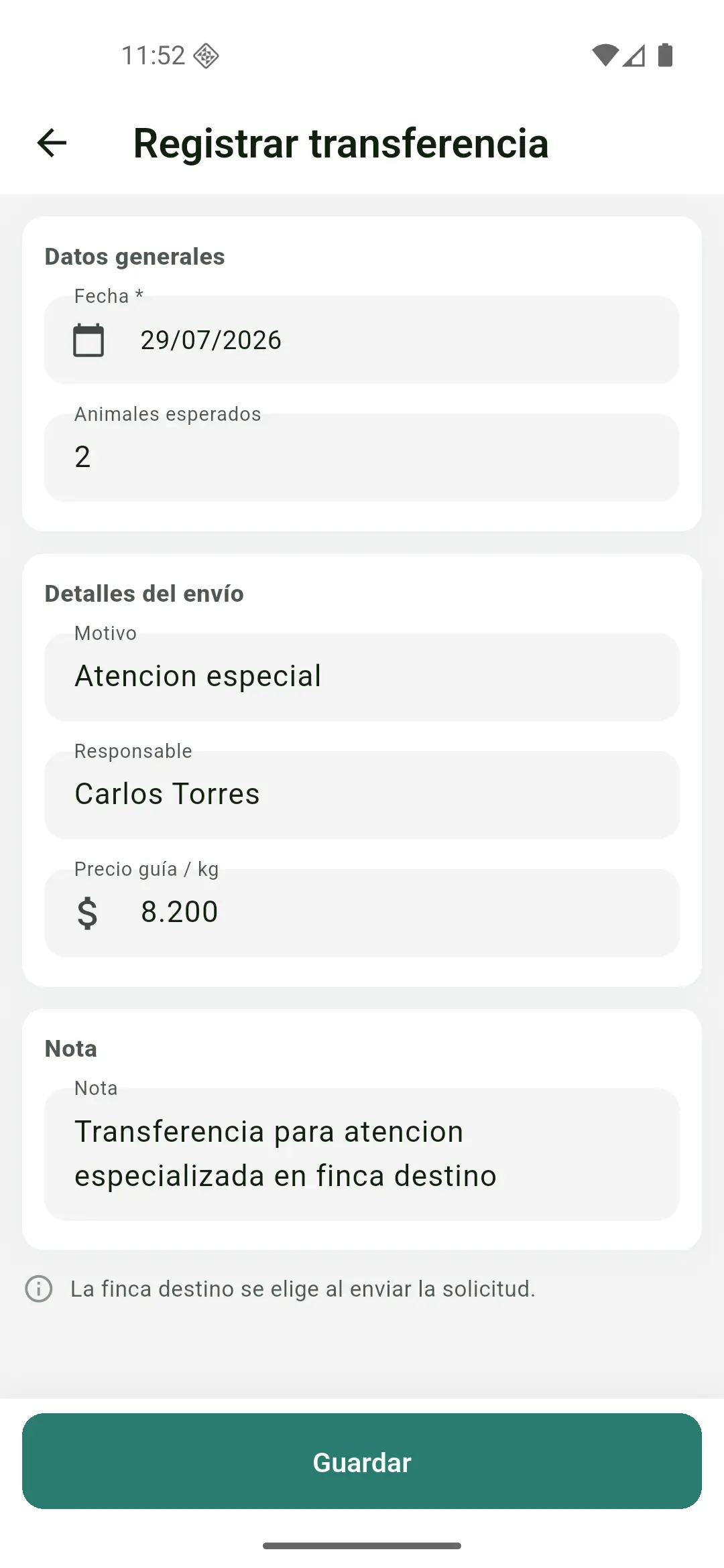 Cabecera de transferencia con finca destino y animales seleccionados